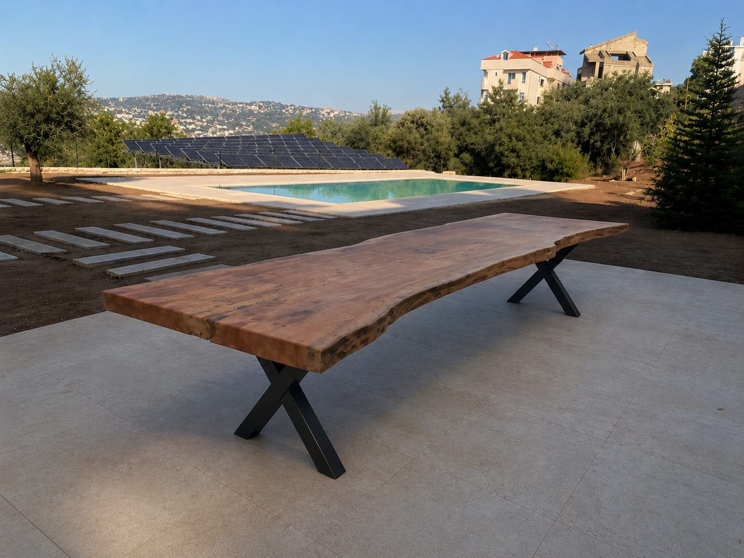 Live-edge wood dining table on a black steel X-frame base