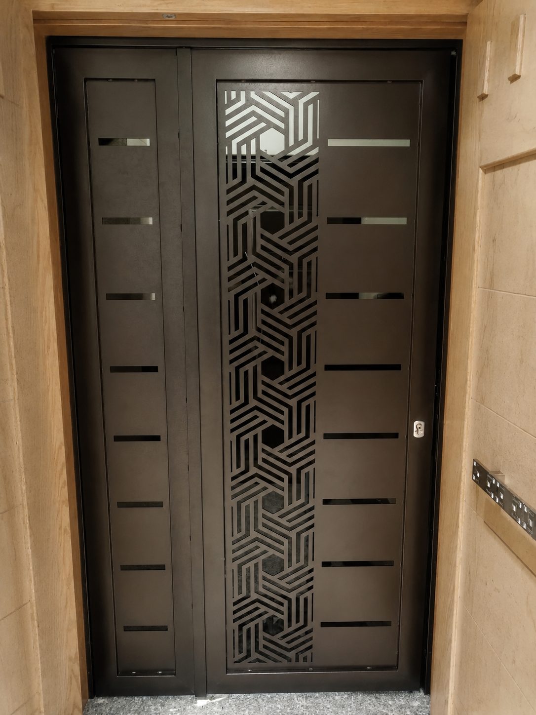 Steel entry door with a vertical laser-cut geometric panel