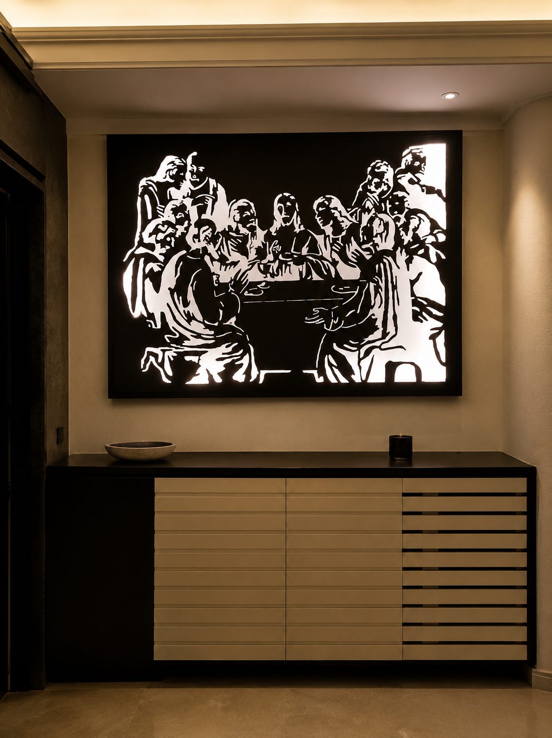Backlit laser-cut steel wall art of the Last Supper