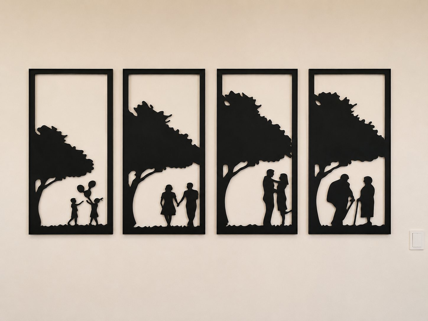 Four-panel laser-cut steel wall art depicting the tree of life