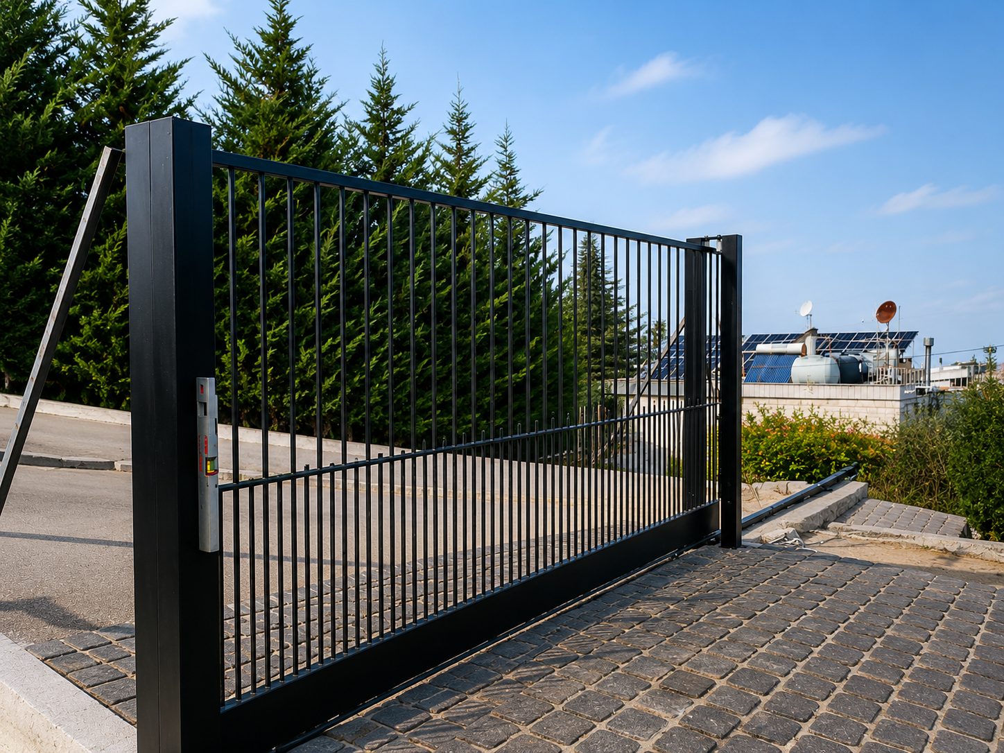 Automated sliding driveway gate in black steel