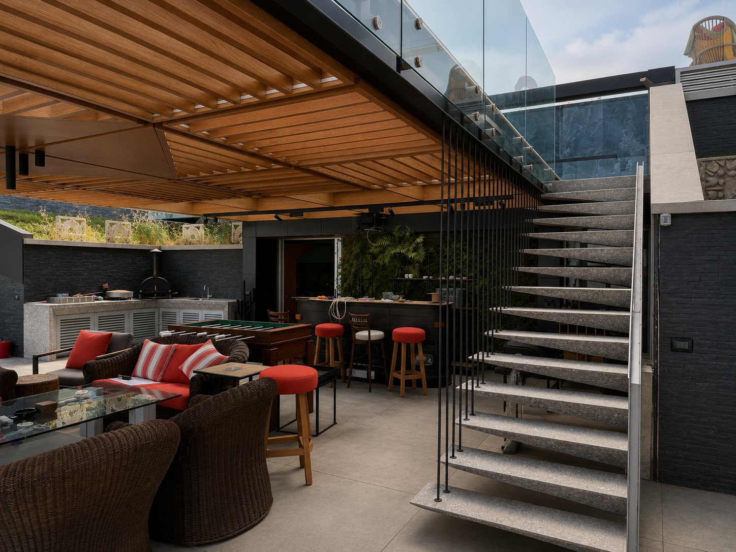 Rooftop steel pergola over an outdoor lounge with a cantilevered stone staircase