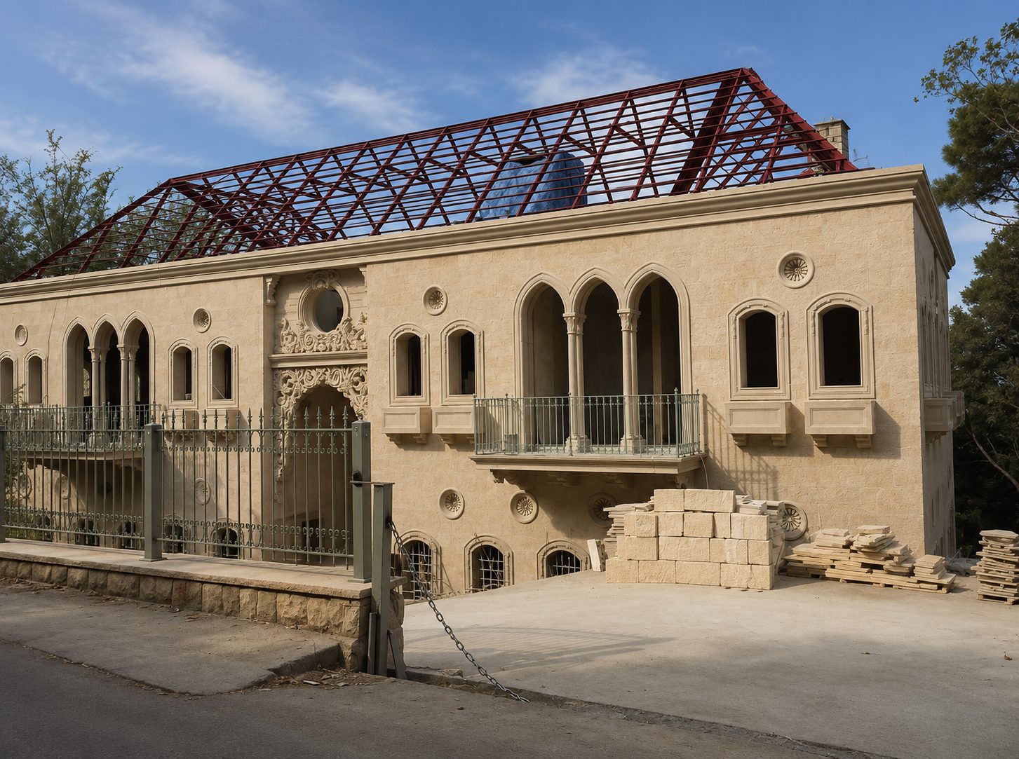 Space-frame steel roof truss over a stone mansion